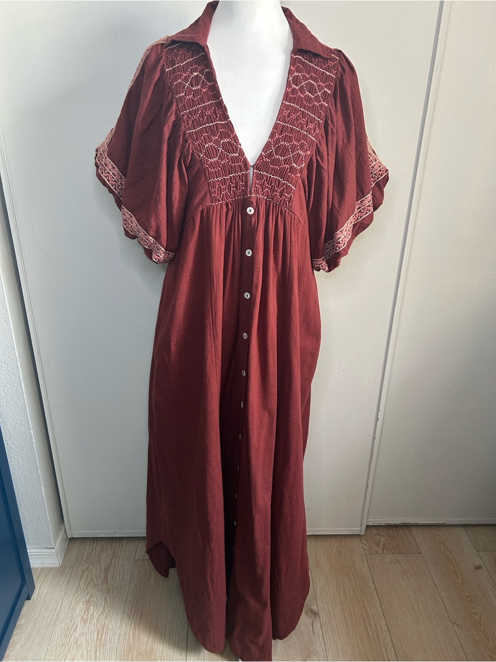 Free People Samantha Shirtdress"Double Dare" Red Intricate Shoulder Embroidery - Picture 13 of 13
